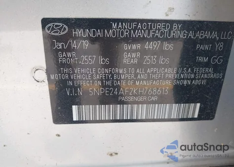 2019 Hyundai Sonata Se z USA, uszkodzony, nr VIN 5NPE24AF2KH768613